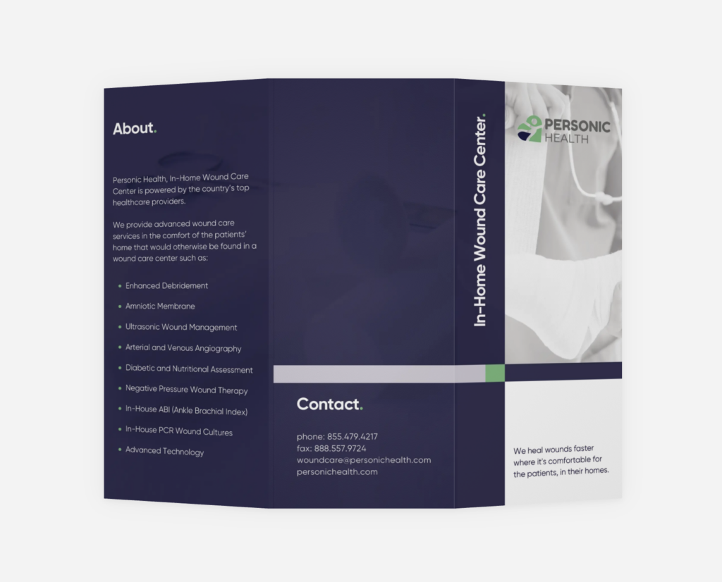 Personic Health brochure back panel featuring contact information, call-to-action, and visual branding